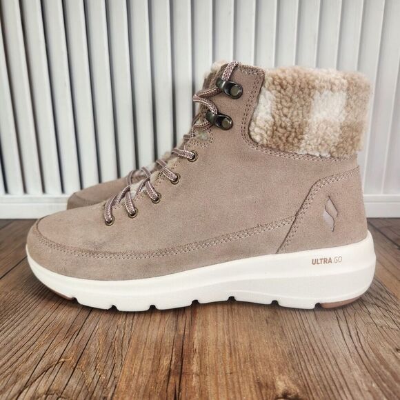 Skechers On-The-Go Glacial Ultra Timber Boots Womens Sz 7 Tan Ankle Suede Plaid - Picture 3 of 10